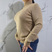 Maglione Donna in Tessuto a Coste Colore Beige con Maniche Lunghe e Collo Alto per un Look Elegante e Comfortevole