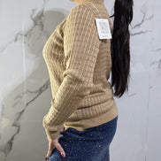 Maglione Donna in Tessuto a Coste Colore Beige con Maniche Lunghe e Collo Alto per un Look Elegante e Comfortevole