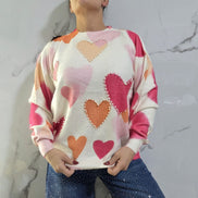Maglione Donna con Cuori Colorati in Rosa e Arancione Stile Casual e Comodo per Ogni Giorno