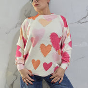 Maglione Donna con Cuori Colorati in Rosa e Arancione Stile Casual e Comodo per Ogni Giorno