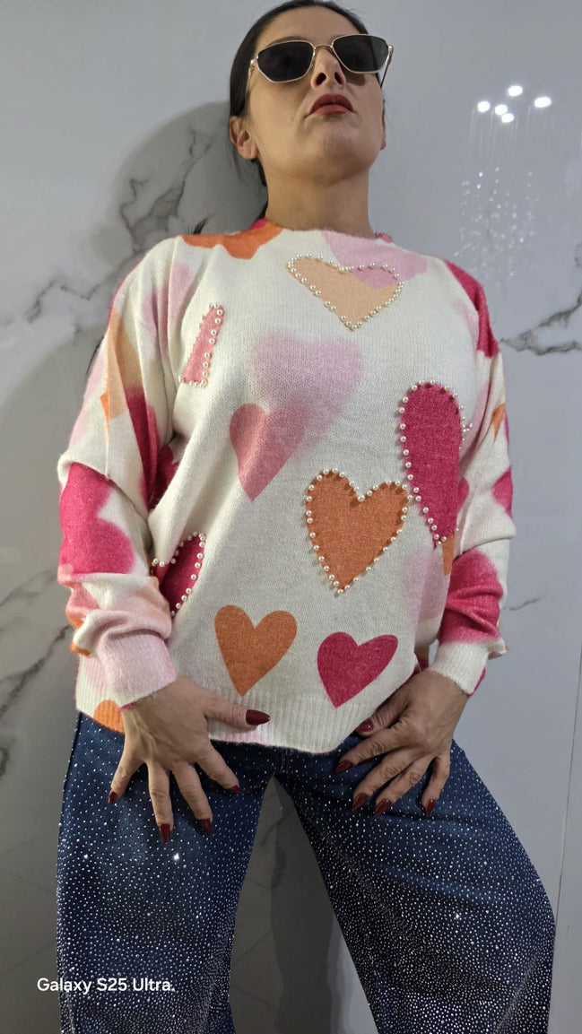 Maglione Donna con Cuori Colorati in Rosa e Arancione Stile Casual e Comodo per Ogni Giorno