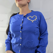 Cardigan Verde con Dettagli a Cuore e Strass per Look Elegante e Comfortabile