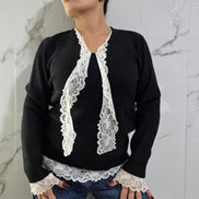 Cardigan Nero con Dettagli in Pizzo Bianco per Donna Elegante e Comfortabile