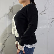 Cardigan Nero con Dettagli in Pizzo Bianco per Donna Elegante e Comfortabile