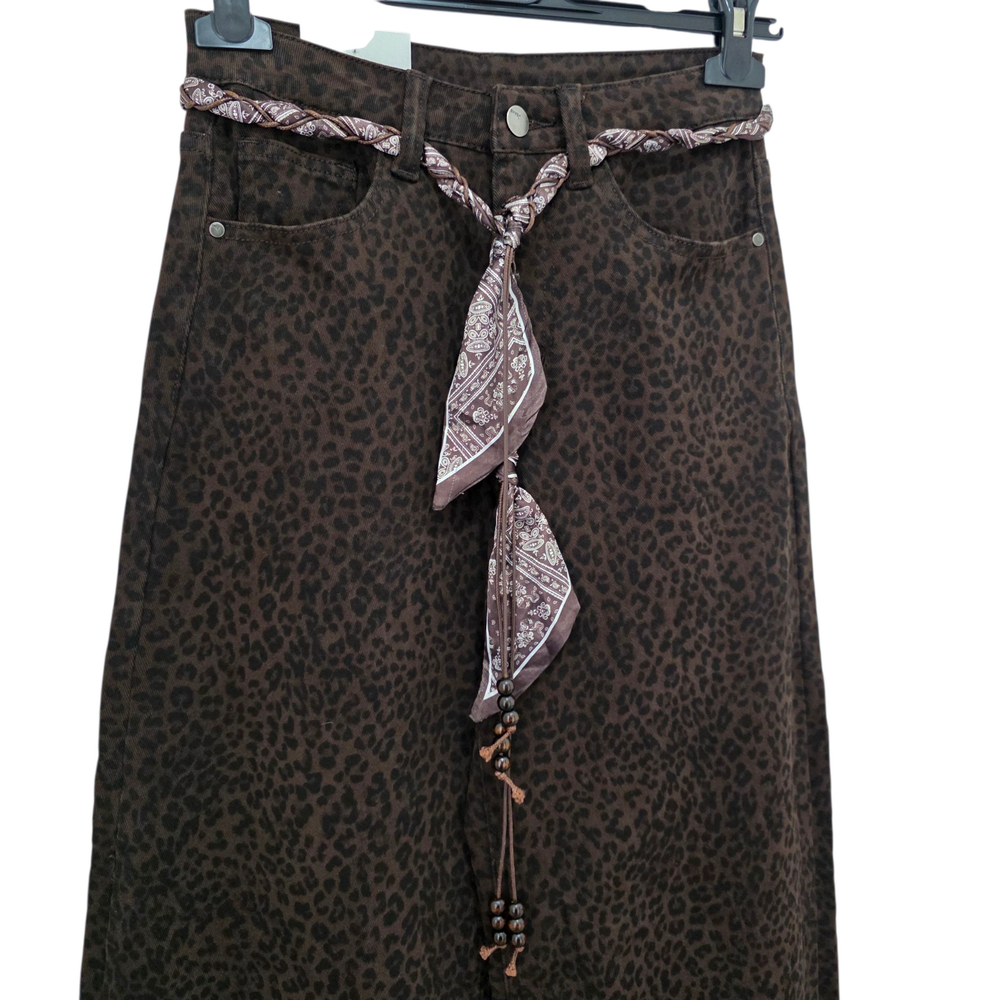 Jeans Palazzo Leopardato con Cintura in Stile Bandana