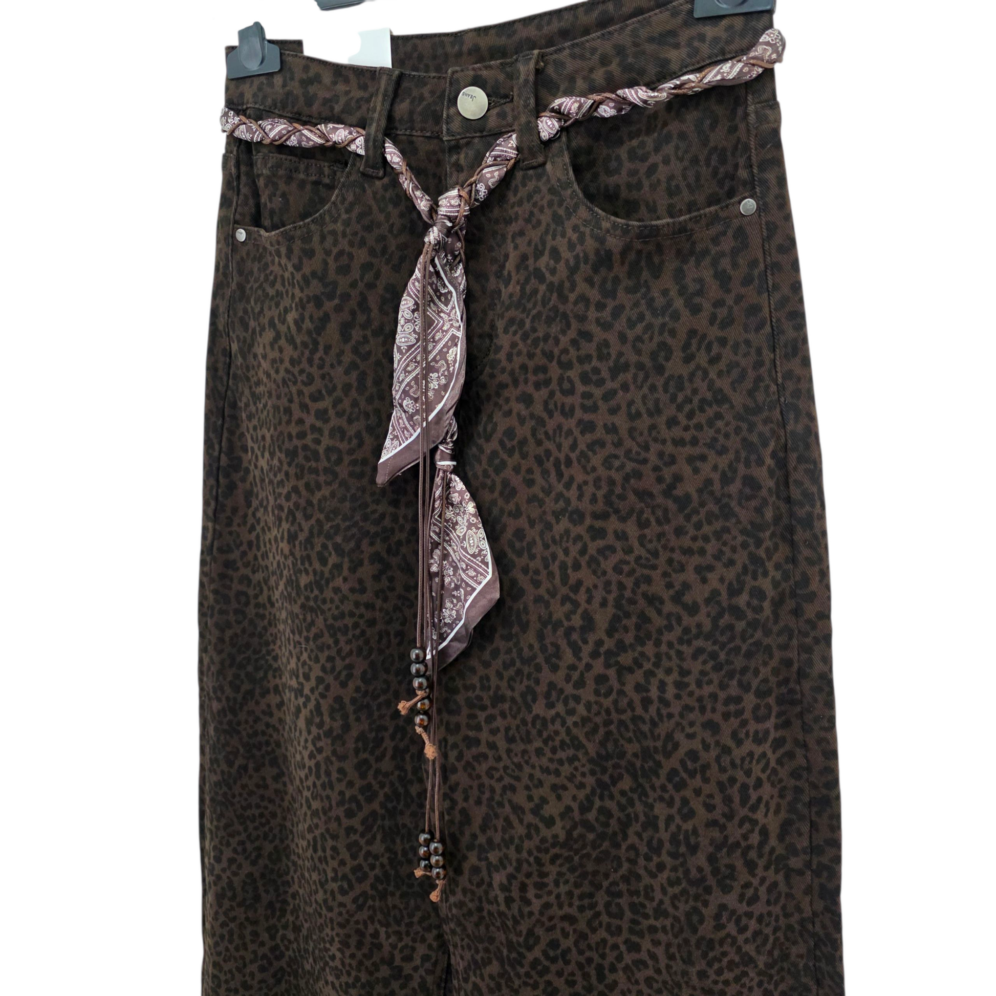 Jeans Palazzo Leopardato con Cintura in Stile Bandana