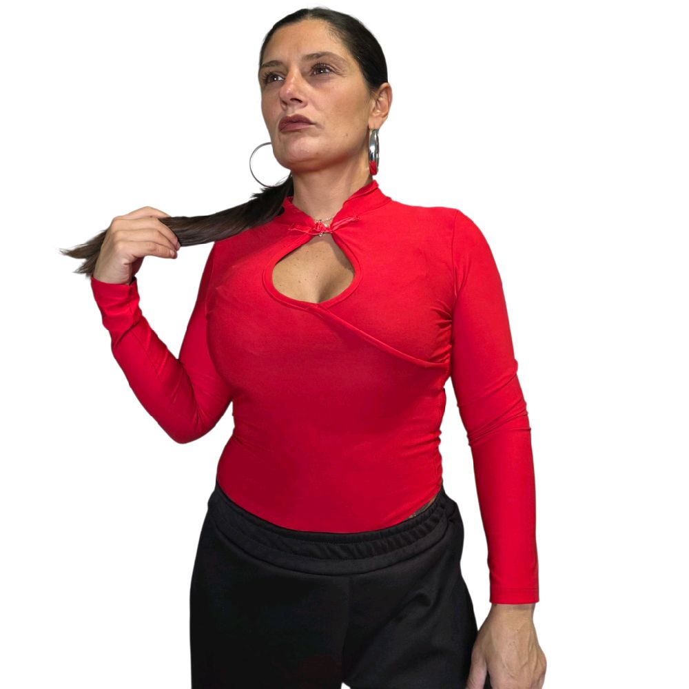 Body Rosso a Maniche Lunghe con Collo Alto e Dettaglio al Centro per Donna Stile Elegante e Comfortabile