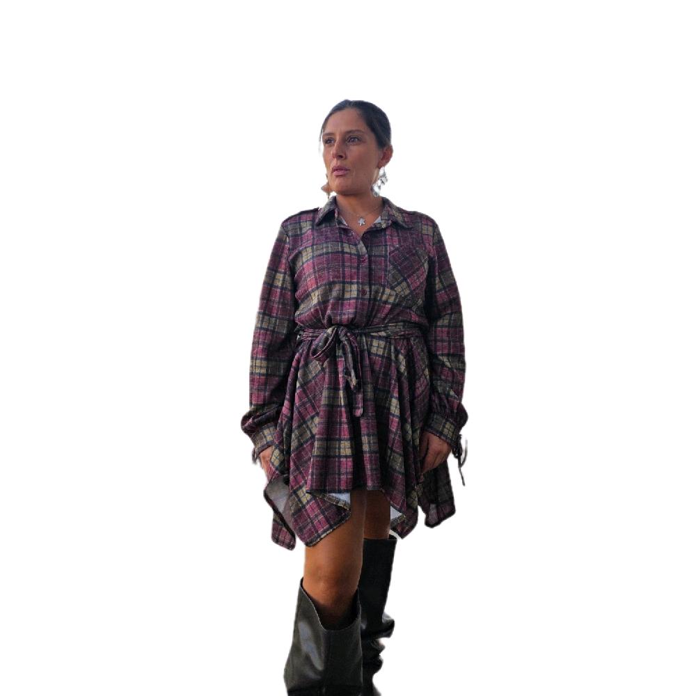 Vestitino a Camicia in Tessuto a Quadri con Cintura e Maniche Lunghe per un Look Elegante e Comfortabile