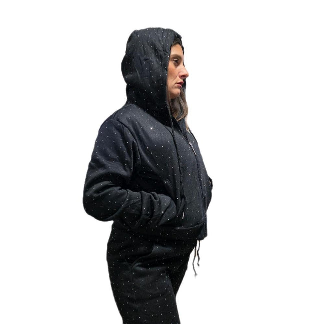 Tuta Sportiva Femminile Glitterata con Cappuccio e Zip Nero con Dettagli Glitterati per un Look Moderno e Stiloso