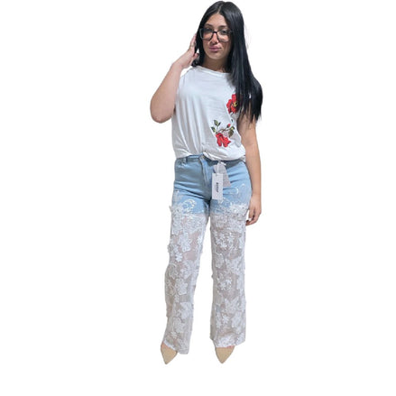 Jeans Flare con Pantaloni in Pizzo per Donna Stile Casual e Elegante