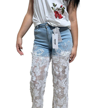 Jeans Flare con Pantaloni in Pizzo per Donna Stile Casual e Elegante