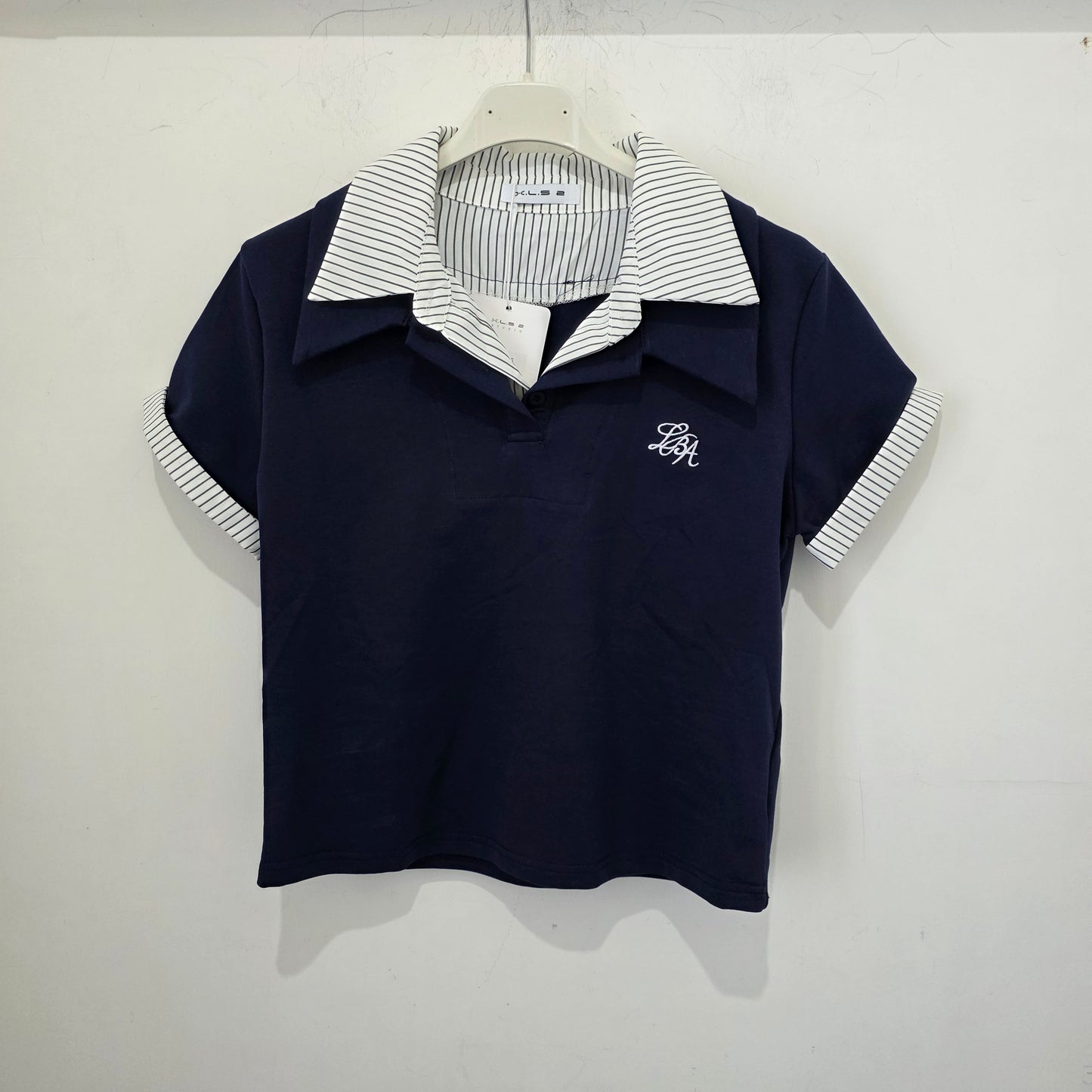 Maglia Polo Donna Grigia con Colletto a Righe e Maniche Corte Stile 