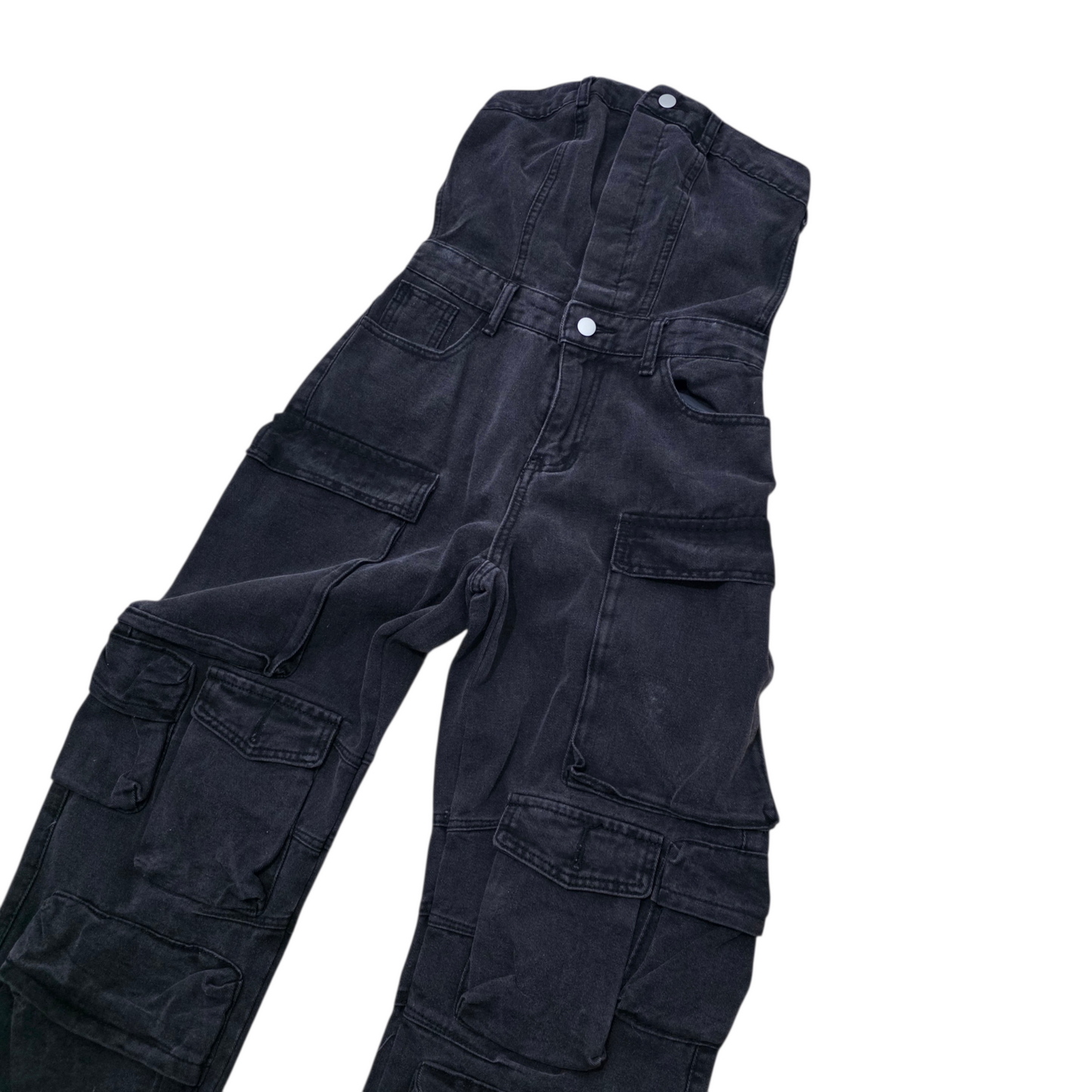 Salopetta Cargo Nera in Denim con Tasche Multiple