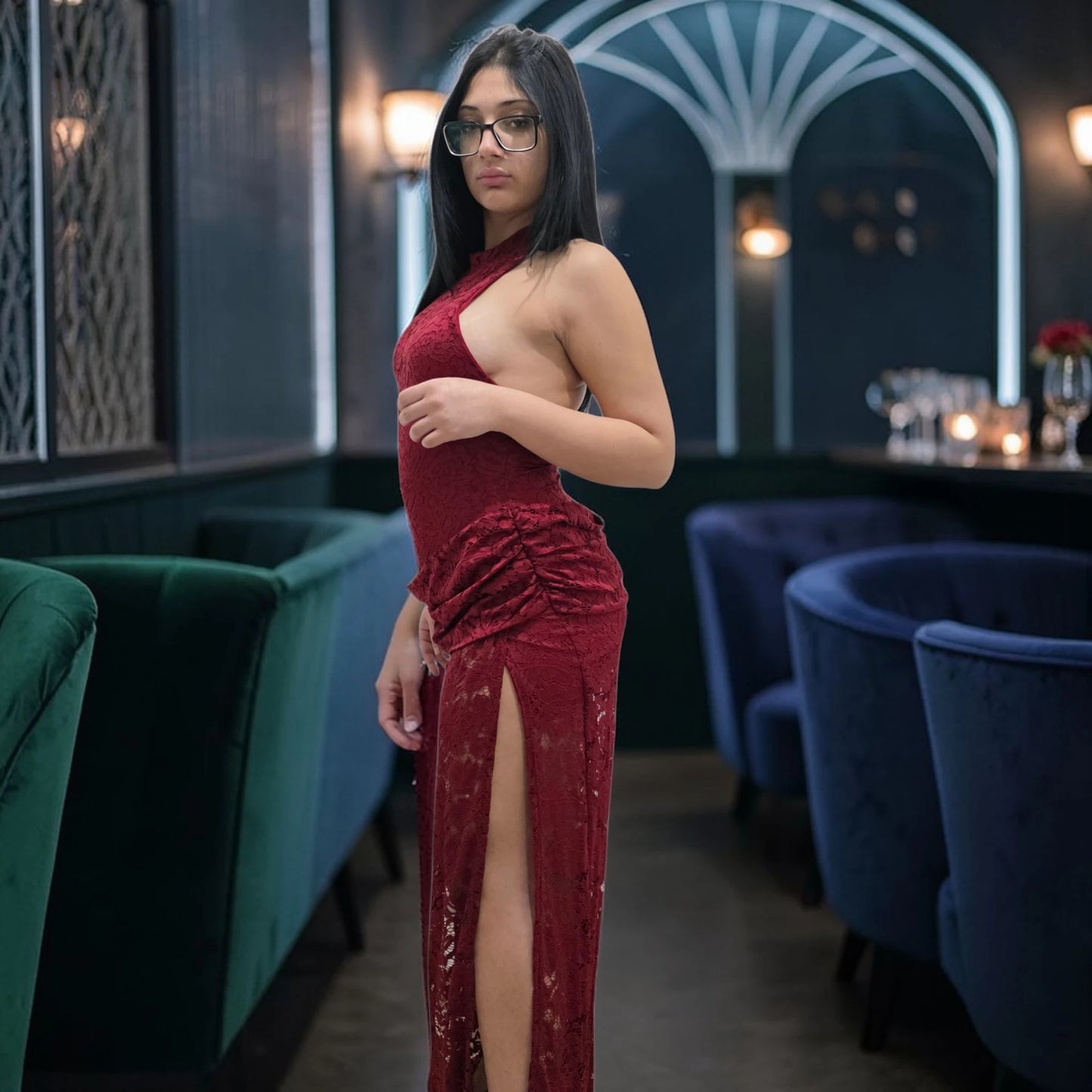 Abito Lungo in Pizzo Elegante Nero Taglia Lungo Primavera/Estate per Occasioni Speciali Stile Raffinato e Femminile
