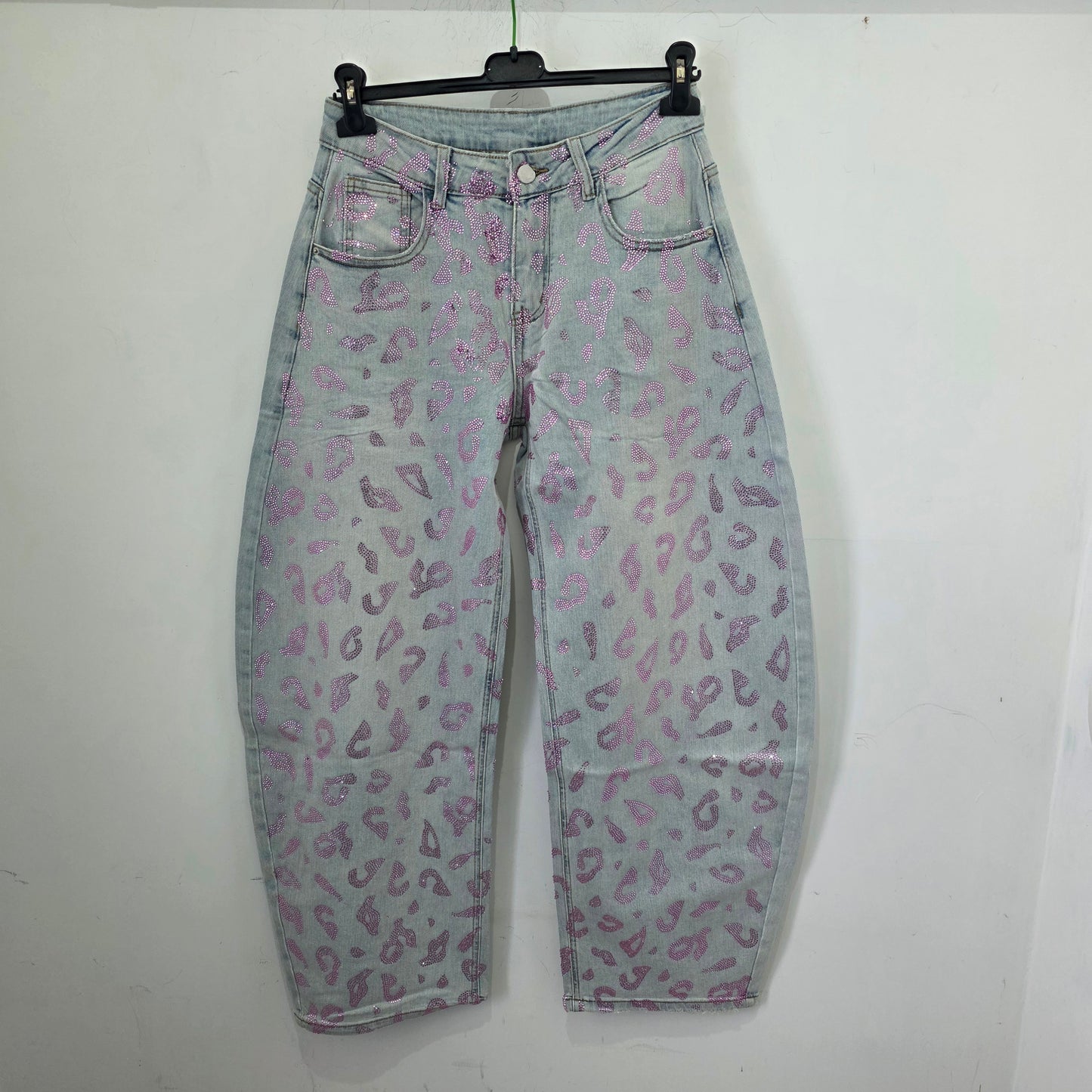 Jeans Wide Leg Glitterati con Stampa Safari in Denim con Dettagli 