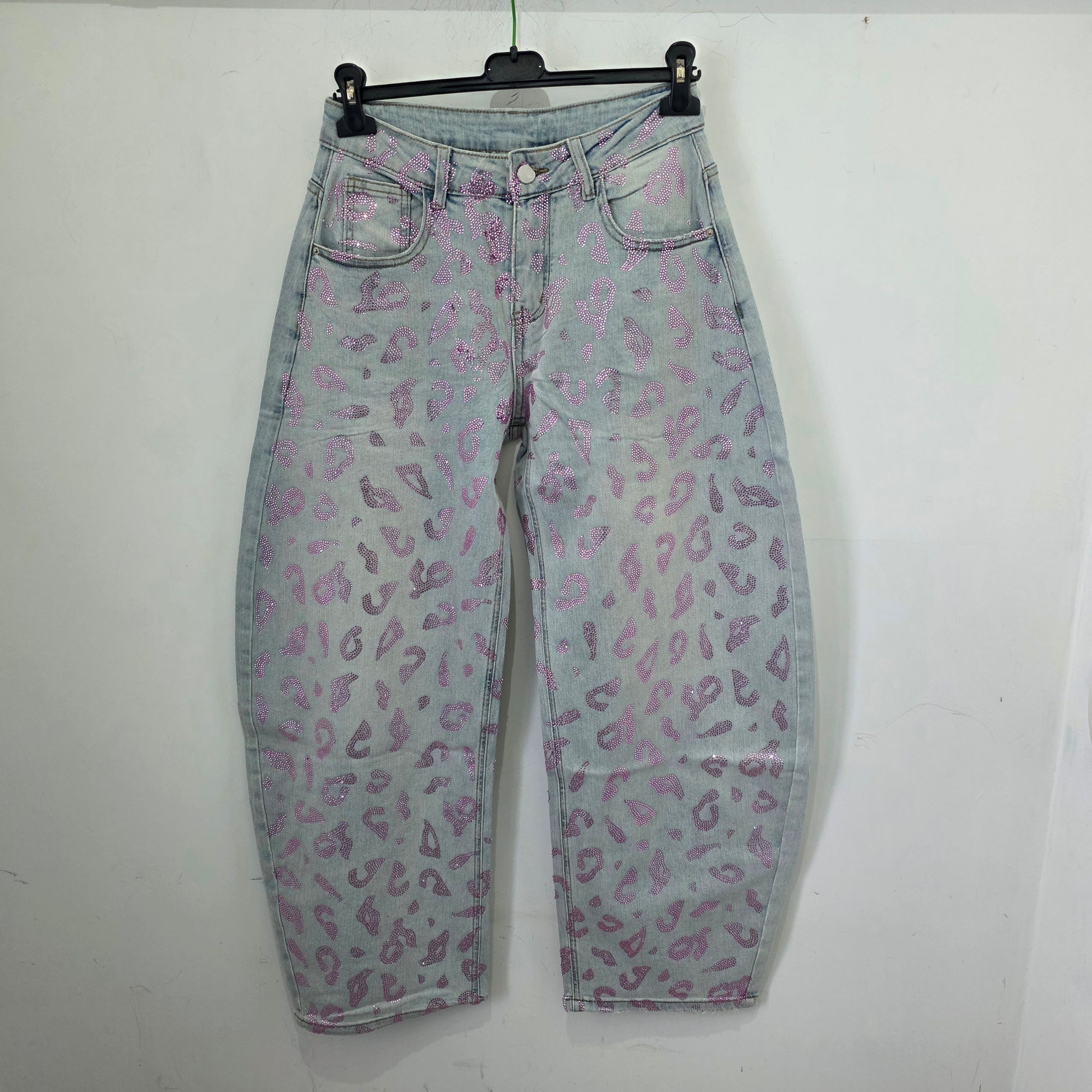 Jeans Wide Leg Glitterati con Stampa Safari in Denim con Dettagli 