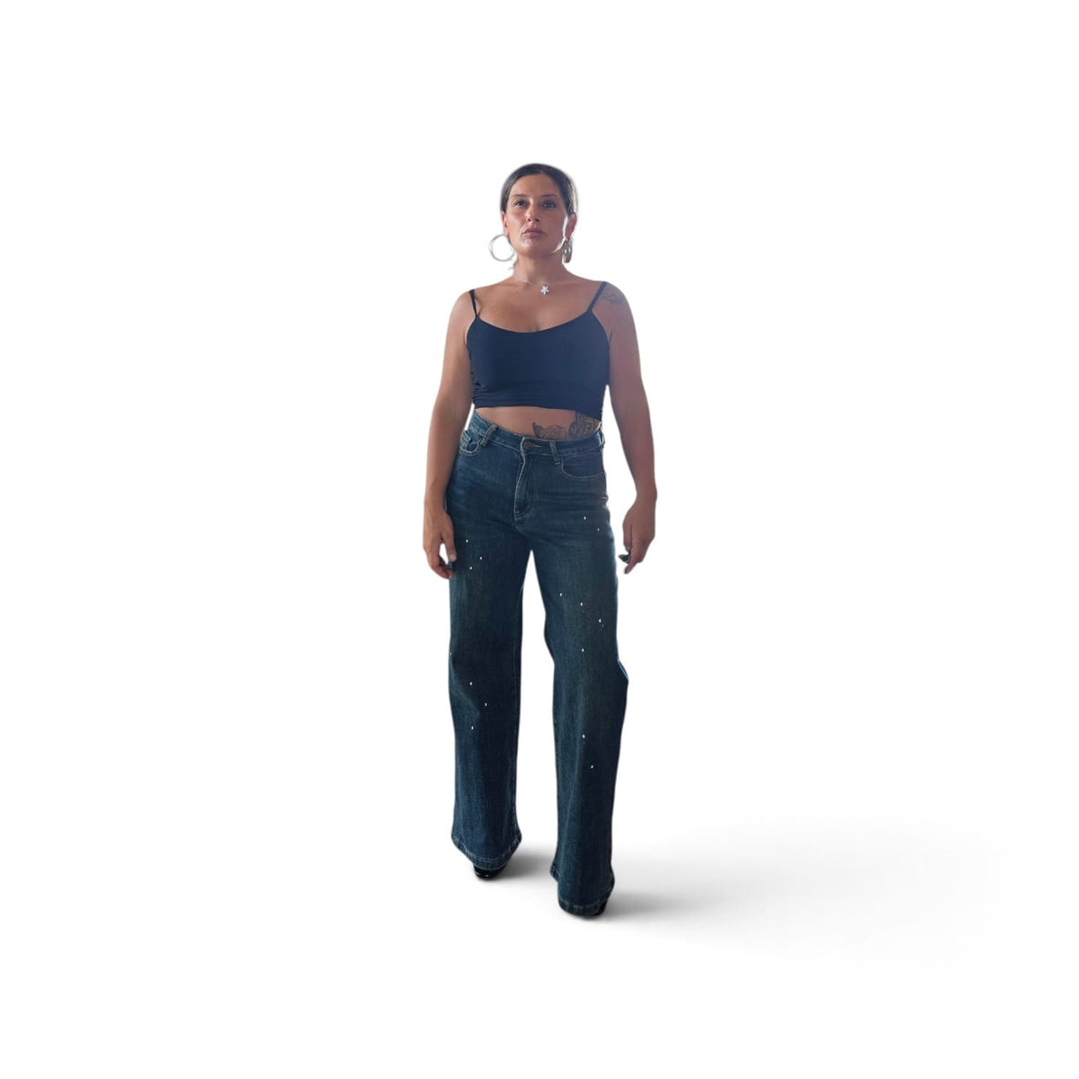 Denim Stardust Jeans a Gamba Larga in Denim Scuro con Dettagli Scintillanti per un Look Audace e Stiloso Comfort e Stile