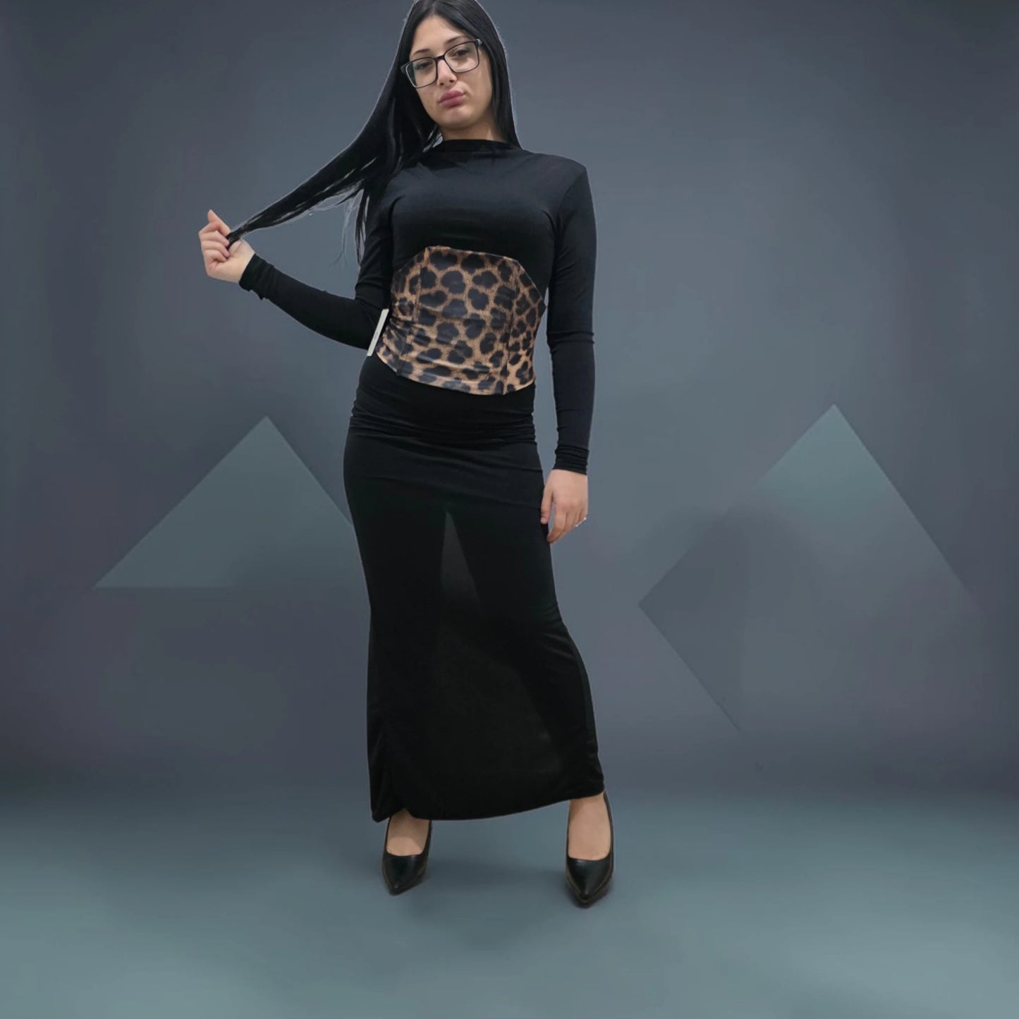 Abito Lungo con Top in Stile Animalier Nero e Leopardato per Donna Elegante e Moderno