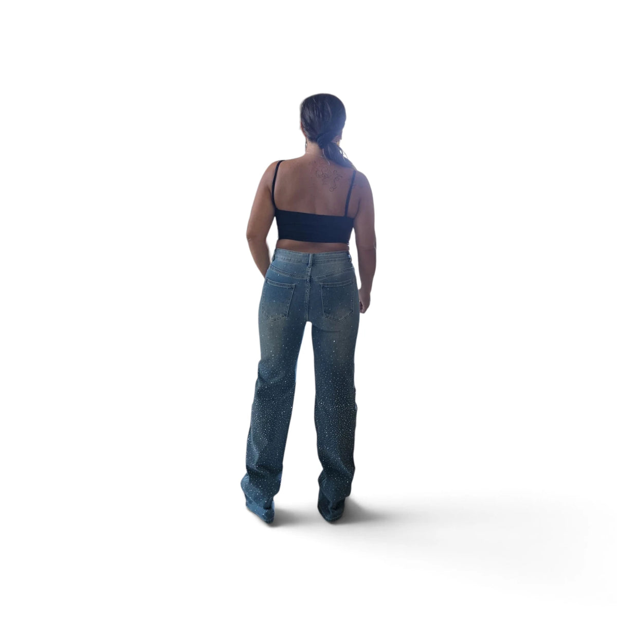 Jeans Curvi con Strass e Lavaggio Chiaro in Denim di Alta Qualità per un Look Elegante e Comfortabile