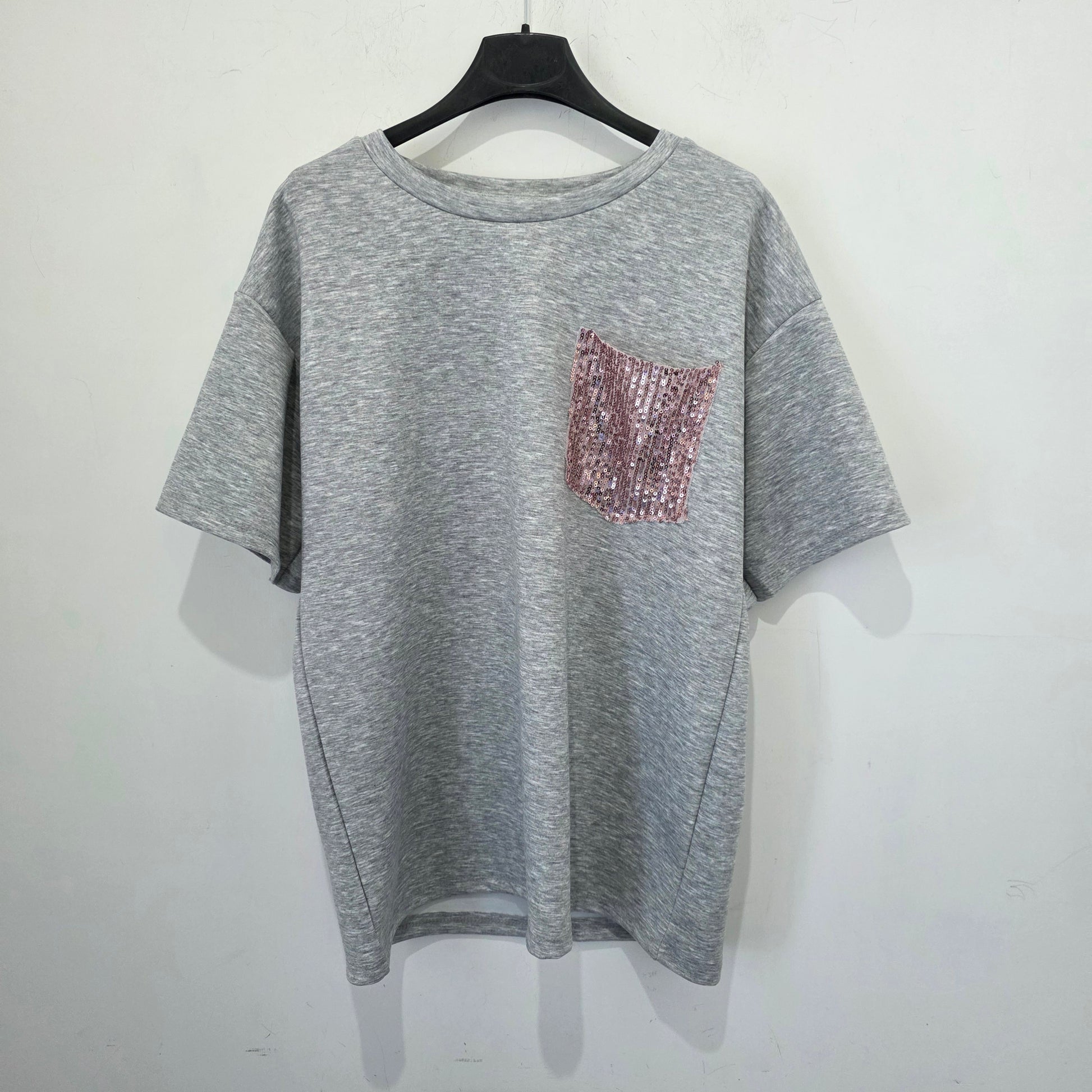 T-Shirt Casual con Tasca Decorativa in Paillettes Rosa per Donna