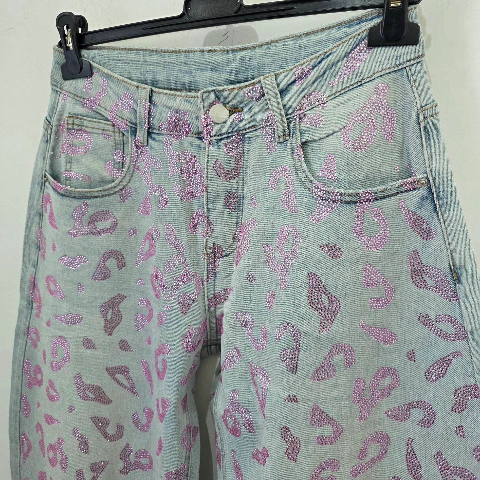 Jeans Wide Leg Glitterati con Stampa Safari in Denim con Dettagli 