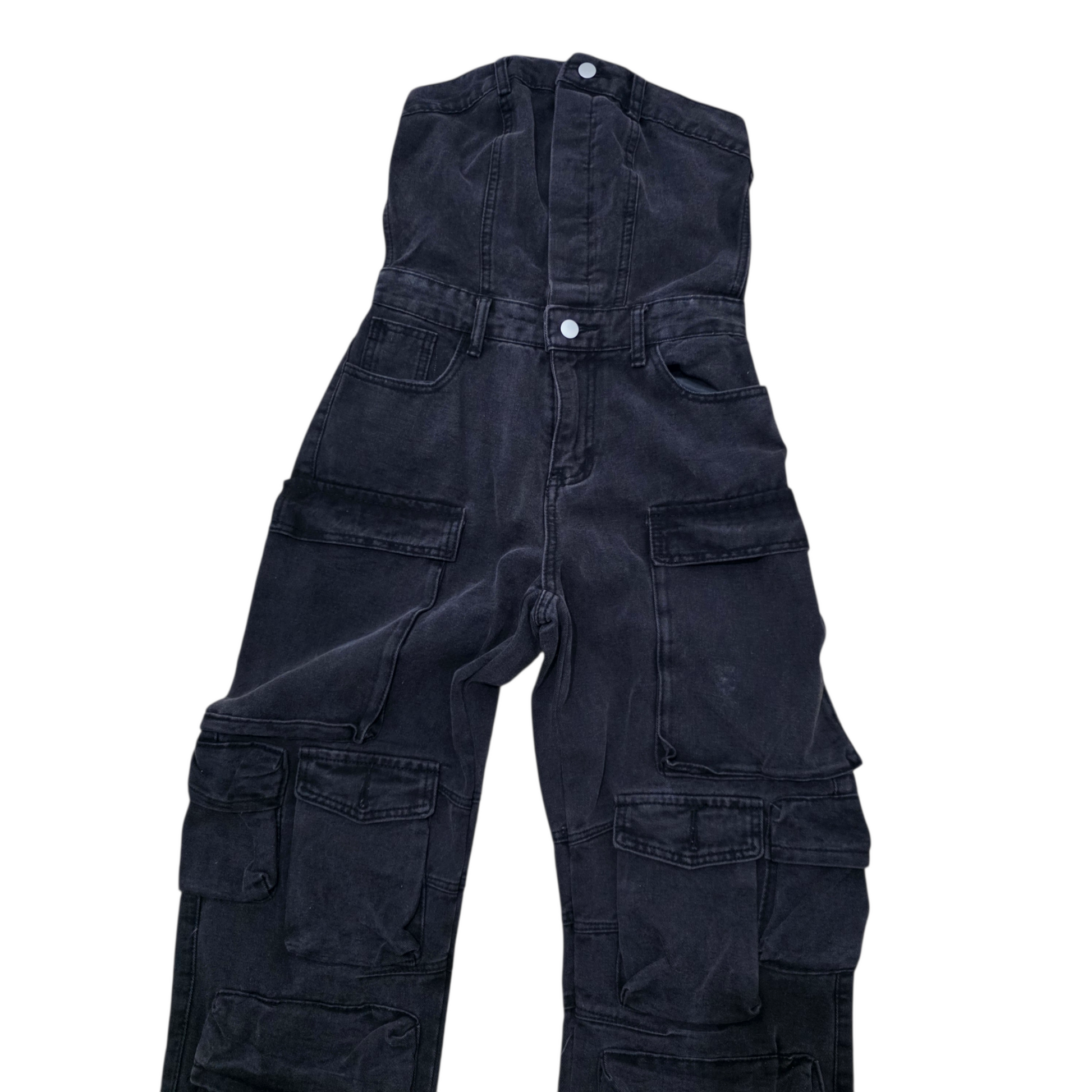 Salopetta Cargo Nera in Denim con Tasche Multiple