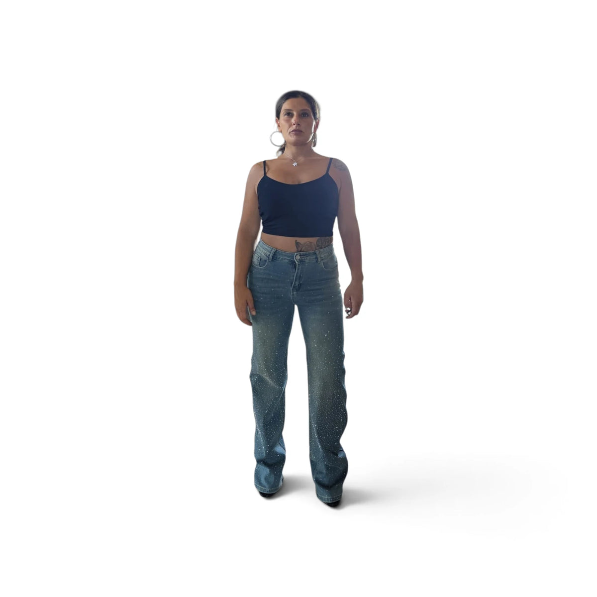 Jeans Curvi con Strass e Lavaggio Chiaro in Denim di Alta Qualità per un Look Elegante e Comfortabile