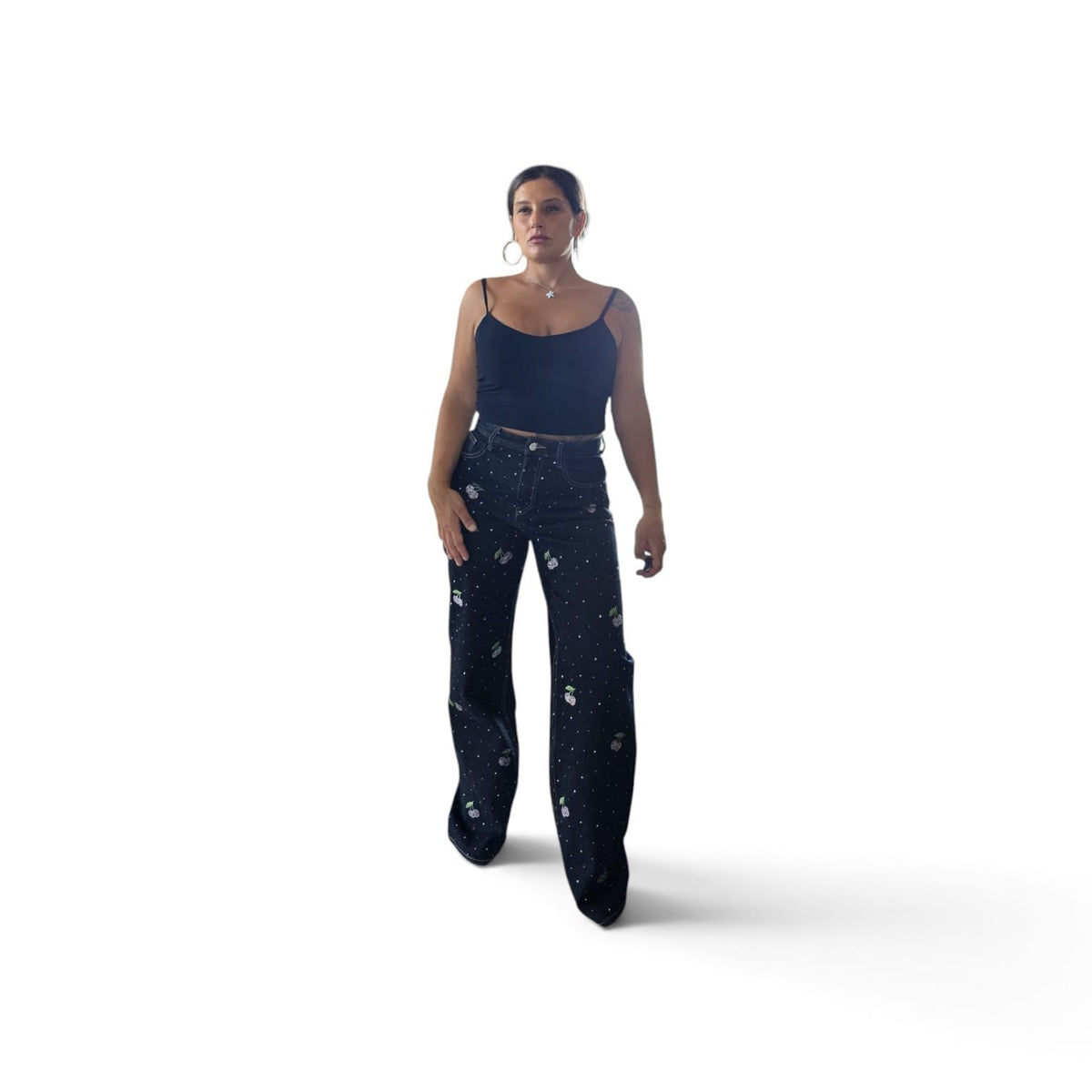 Jeans Ciliegie con Stampa a Stelle per Donna - Pantaloni a Gamba Larga in Denim Nero con Dettagli Bianchi
