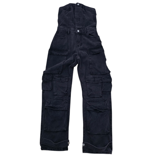 Salopetta Cargo Nera in Denim con Tasche Multiple