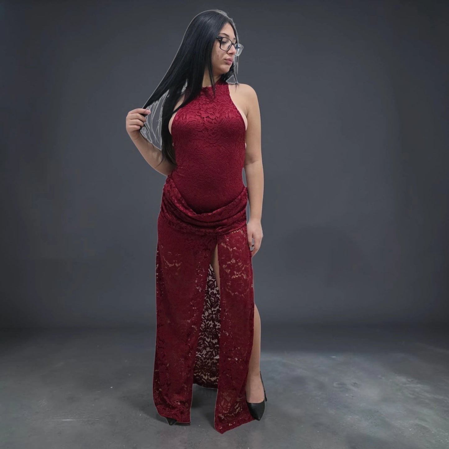 Abito Lungo in Pizzo Elegante Nero Taglia Lungo Primavera/Estate per Occasioni Speciali Stile Raffinato e Femminile