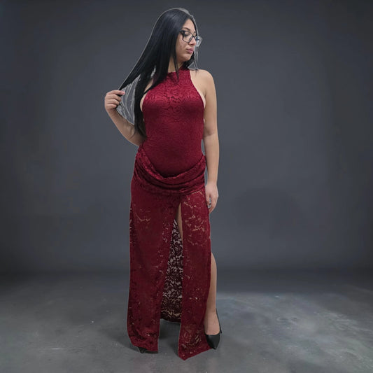 Abito Lungo in Pizzo Elegante Nero Taglia Lungo Primavera/Estate per Occasioni Speciali Stile Raffinato e Femminile
