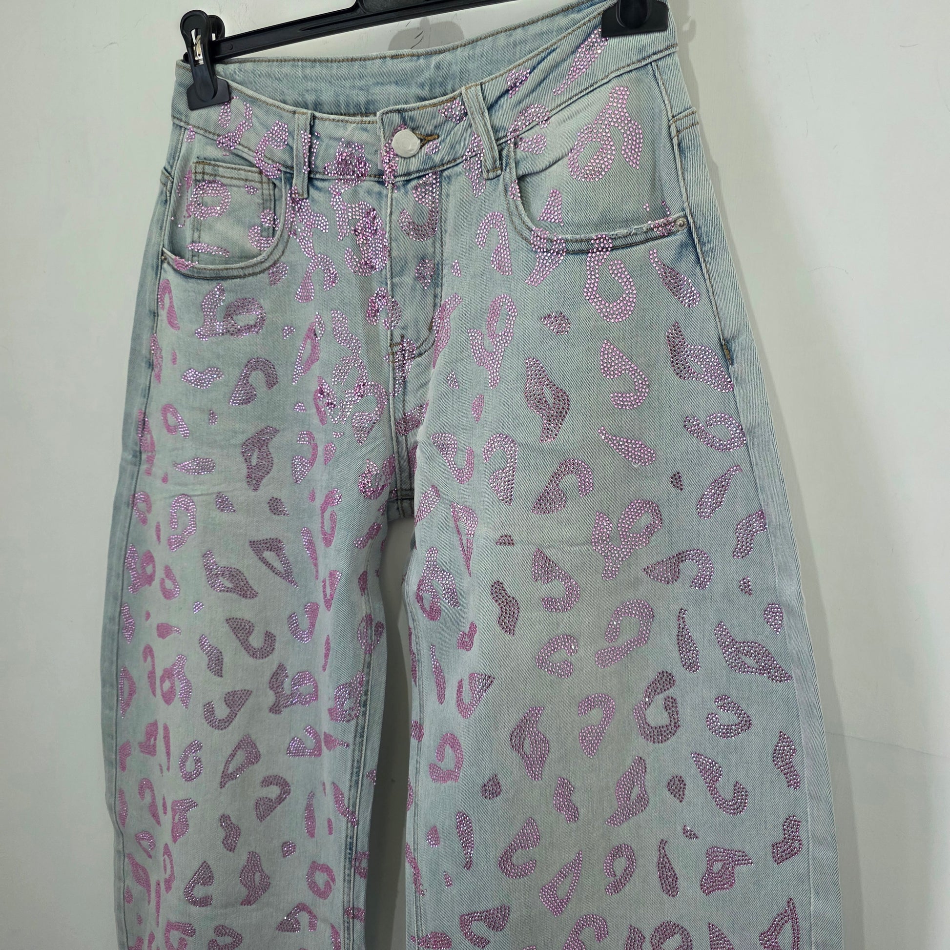 Jeans Wide Leg Glitterati con Stampa Safari in Denim con Dettagli 