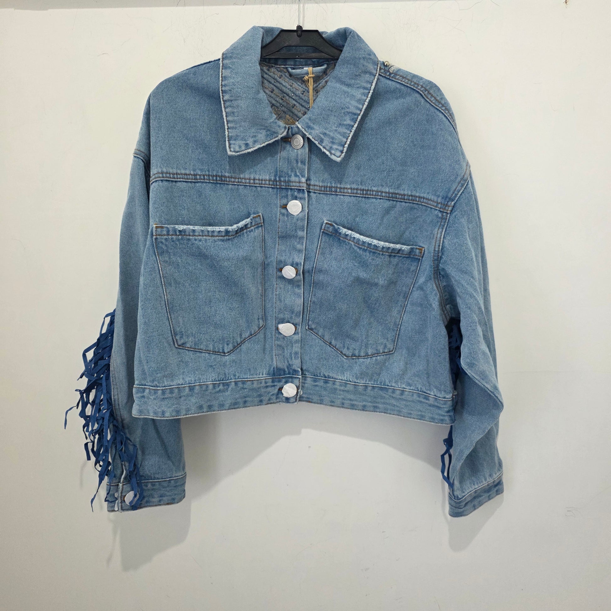 Giacca Denim Cropped con Frange e Decori Stile Casual per Donna