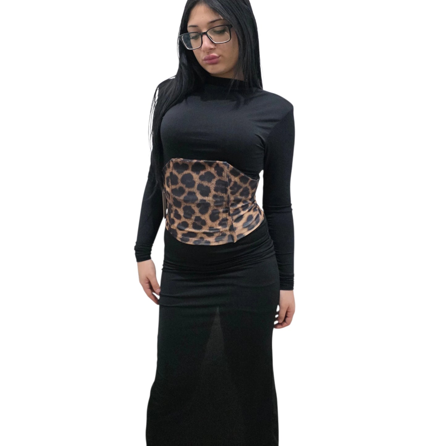 Abito Lungo con Top in Stile Animalier Nero e Leopardato per Donna Elegante e Moderno
