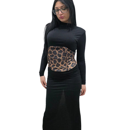 Abito Lungo con Top in Stile Animalier Nero e Leopardato per Donna Elegante e Moderno