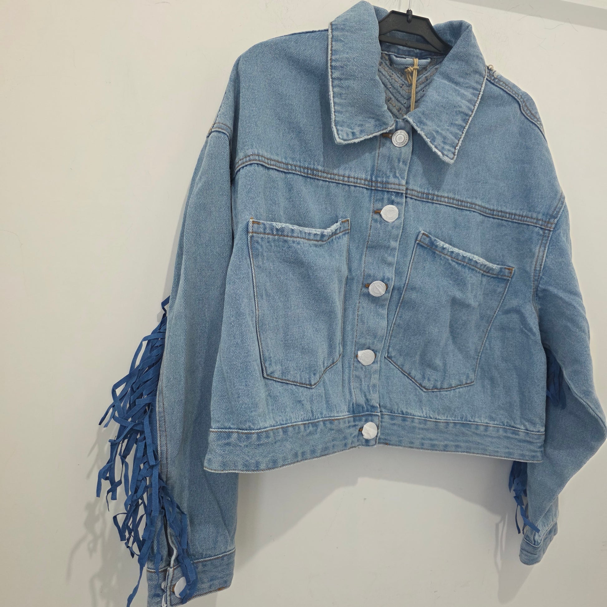 Giacca Denim Cropped con Frange e Decori Stile Casual per Donna