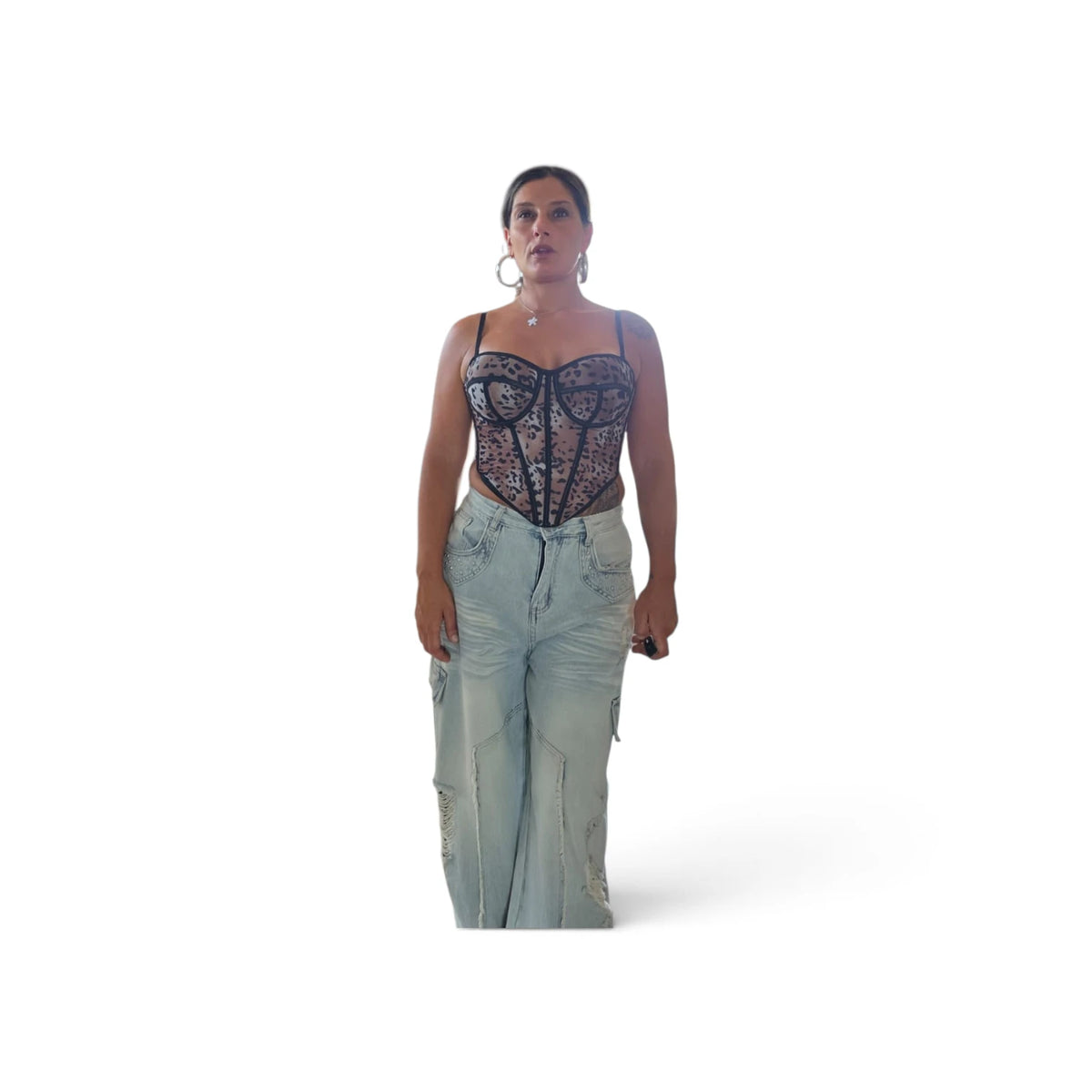 Jeans Cargo con Strappi e Dettagli di Strass per un Look Fashionabile e Moderno