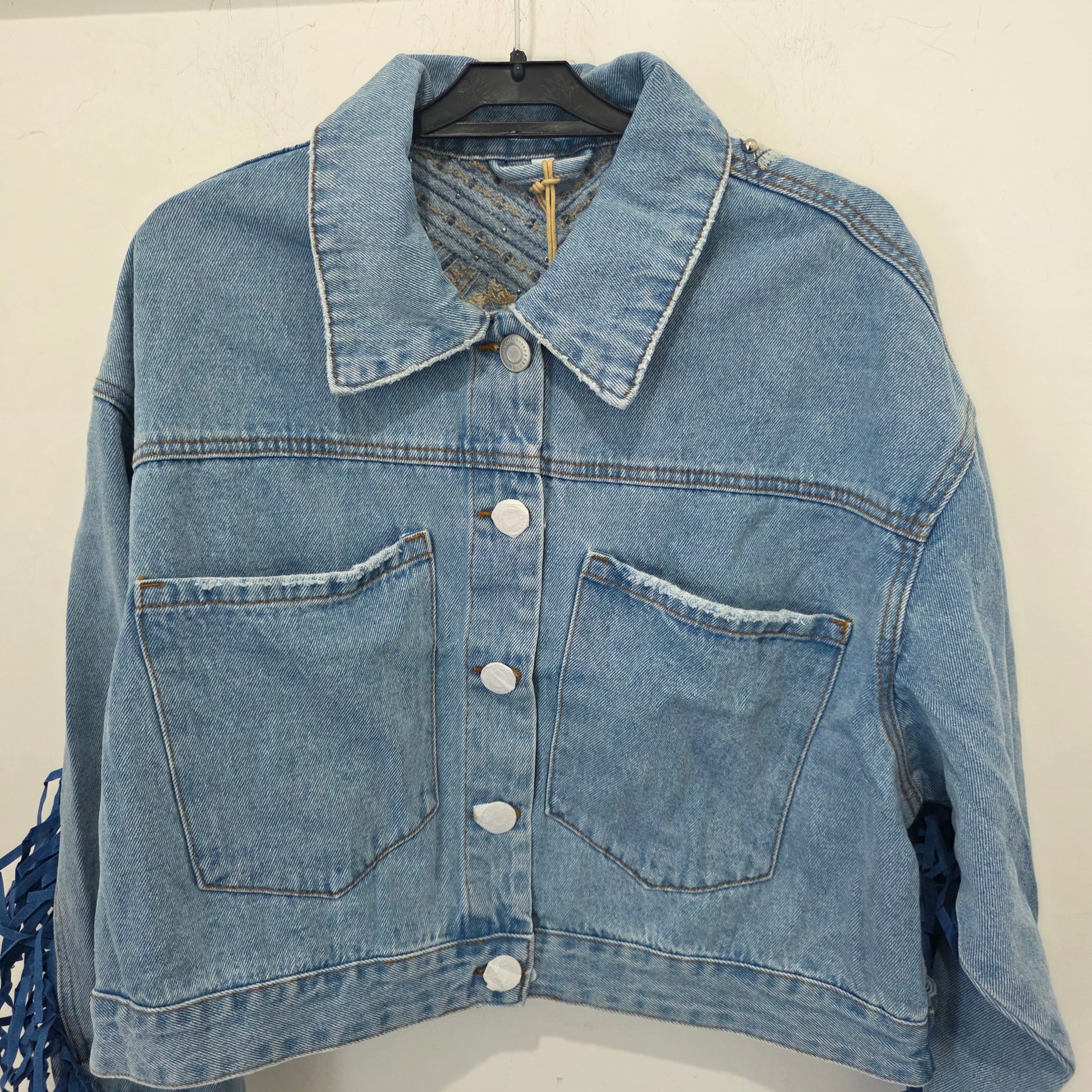 Giacca Denim Cropped con Frange e Decori Stile Casual per Donna