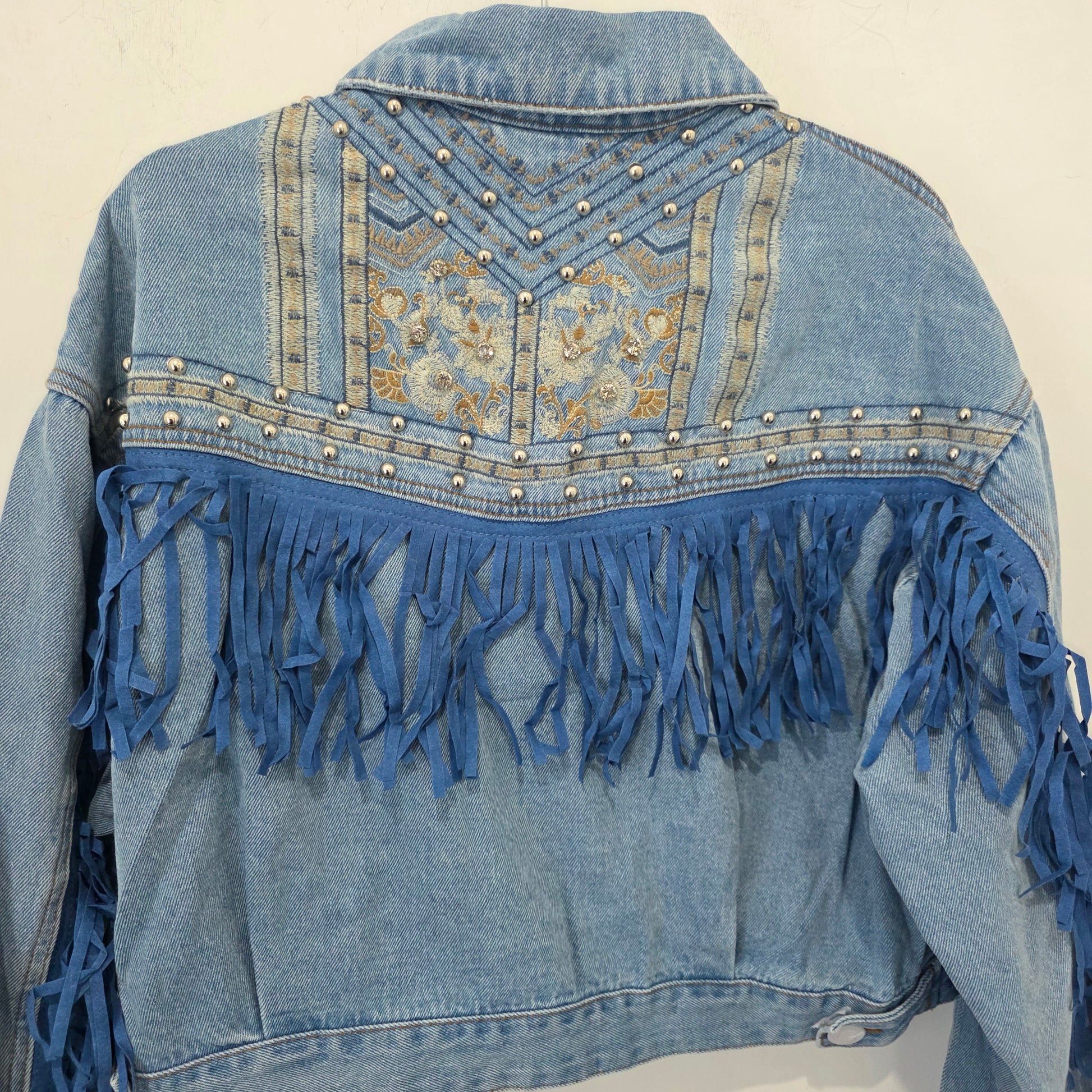 Giacca Denim Cropped con Frange e Decori Stile Casual per Donna