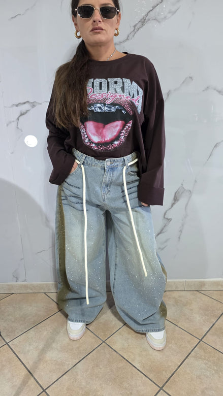 Jeans Baloon Scambiato con Oro Comodo - Pantaloni Jeans con Dettagli Dorati e Design Comfortabile per Un Look Distintivo e Versatile