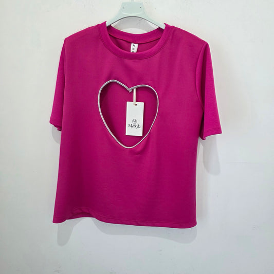 Maglietta Rosa con Cuore Argento - Stile Casual e Comodo per Tutti i 