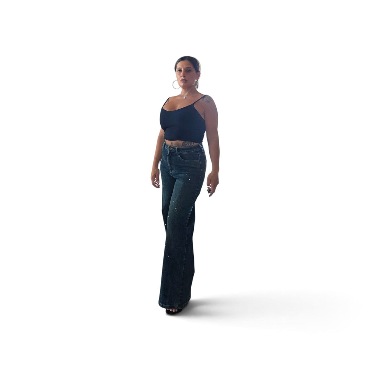 Denim Stardust Jeans a Gamba Larga in Denim Scuro con Dettagli Scintillanti per un Look Audace e Stiloso Comfort e Stile