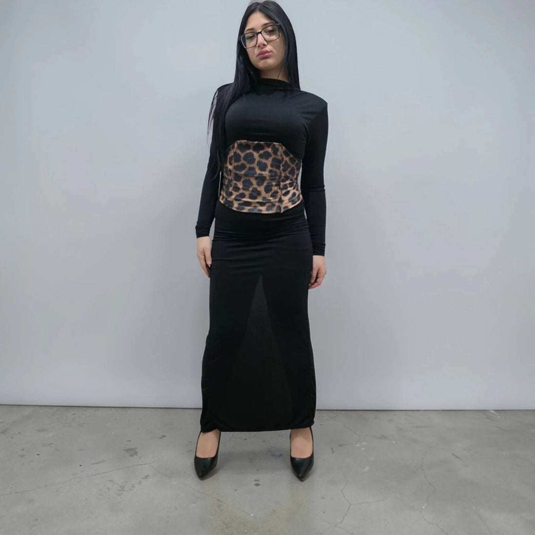 Abito Lungo con Top in Stile Animalier Nero e Leopardato per Donna Elegante e Moderno