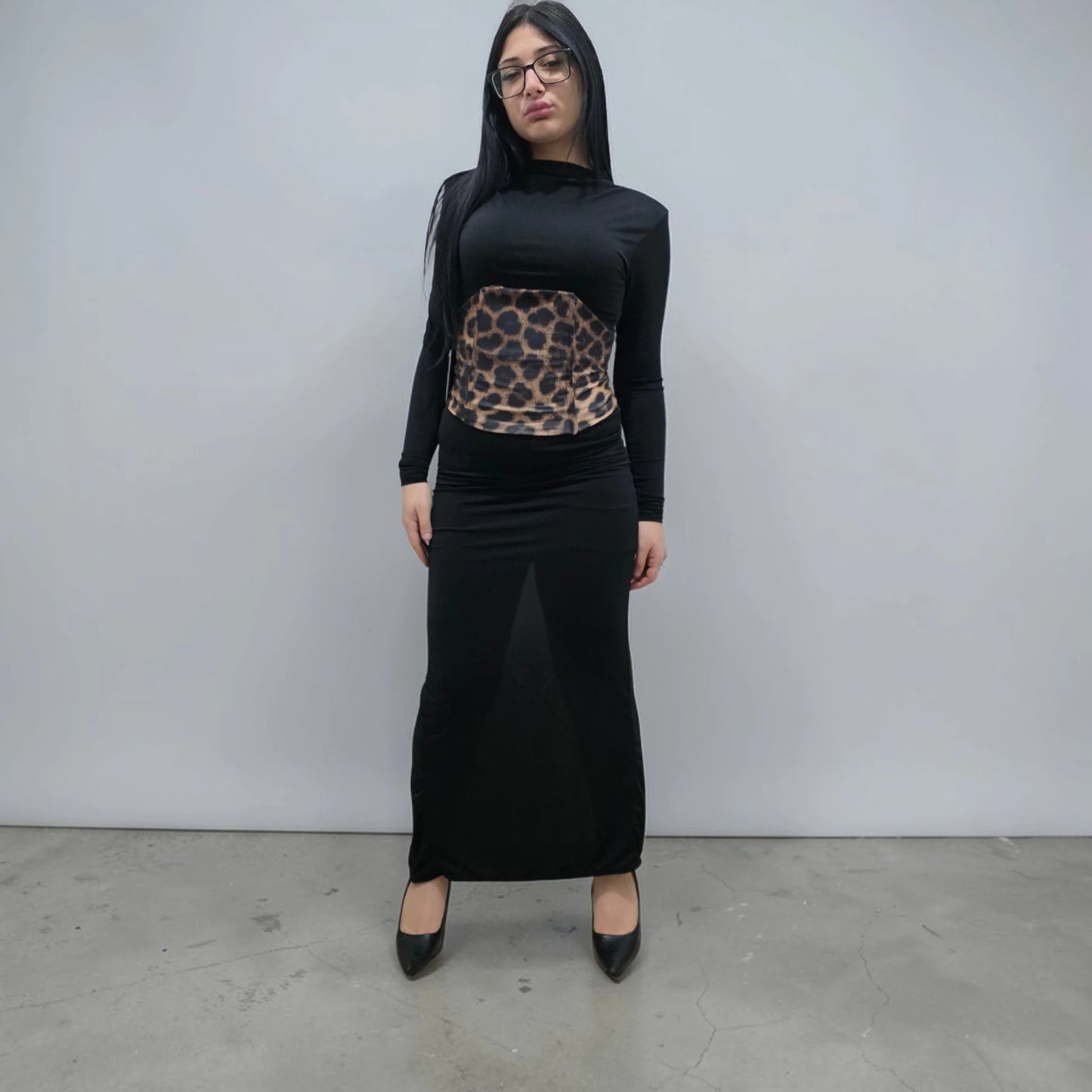 Abito Lungo con Top in Stile Animalier Nero e Leopardato per Donna Elegante e Moderno
