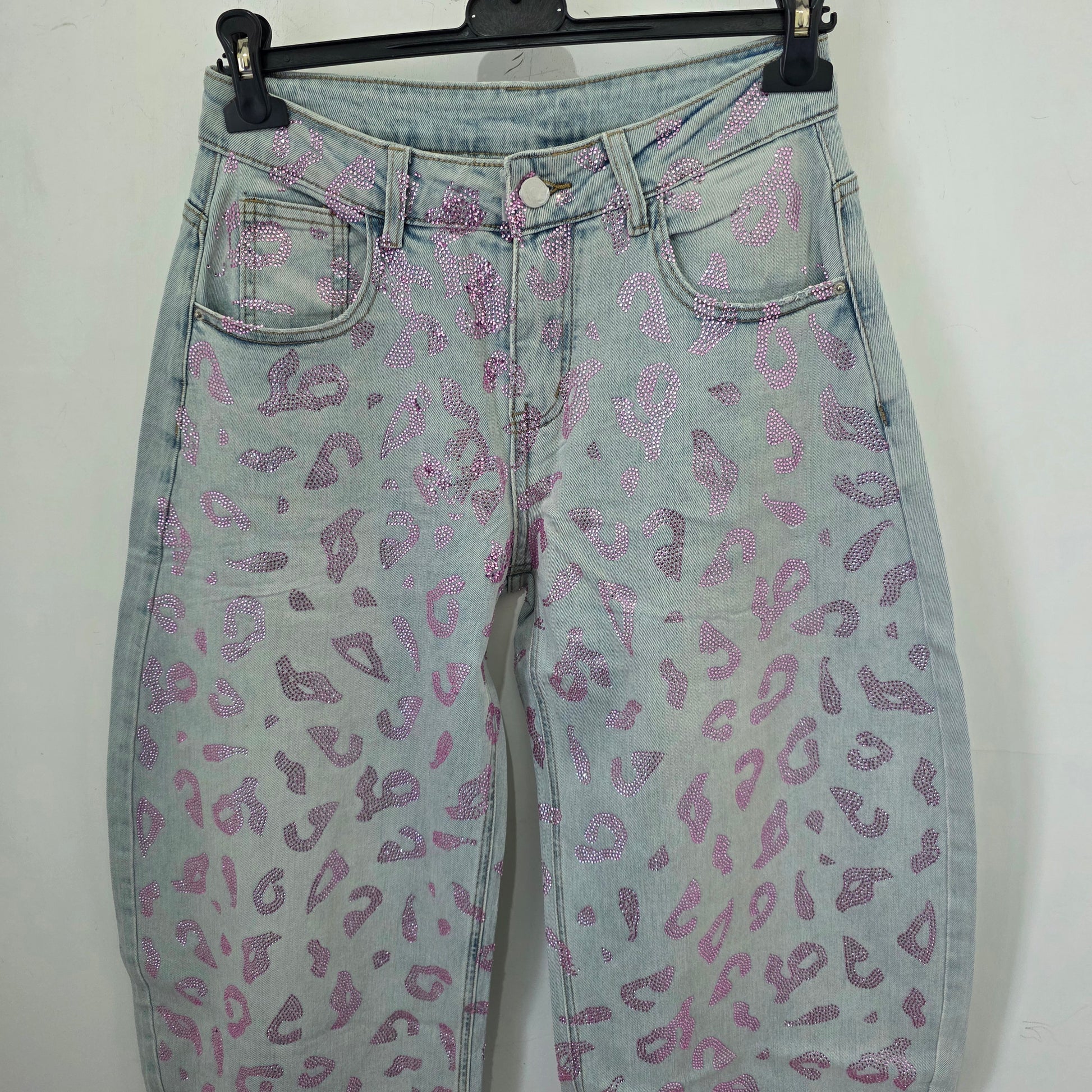 Jeans Wide Leg Glitterati con Stampa Safari in Denim con Dettagli 