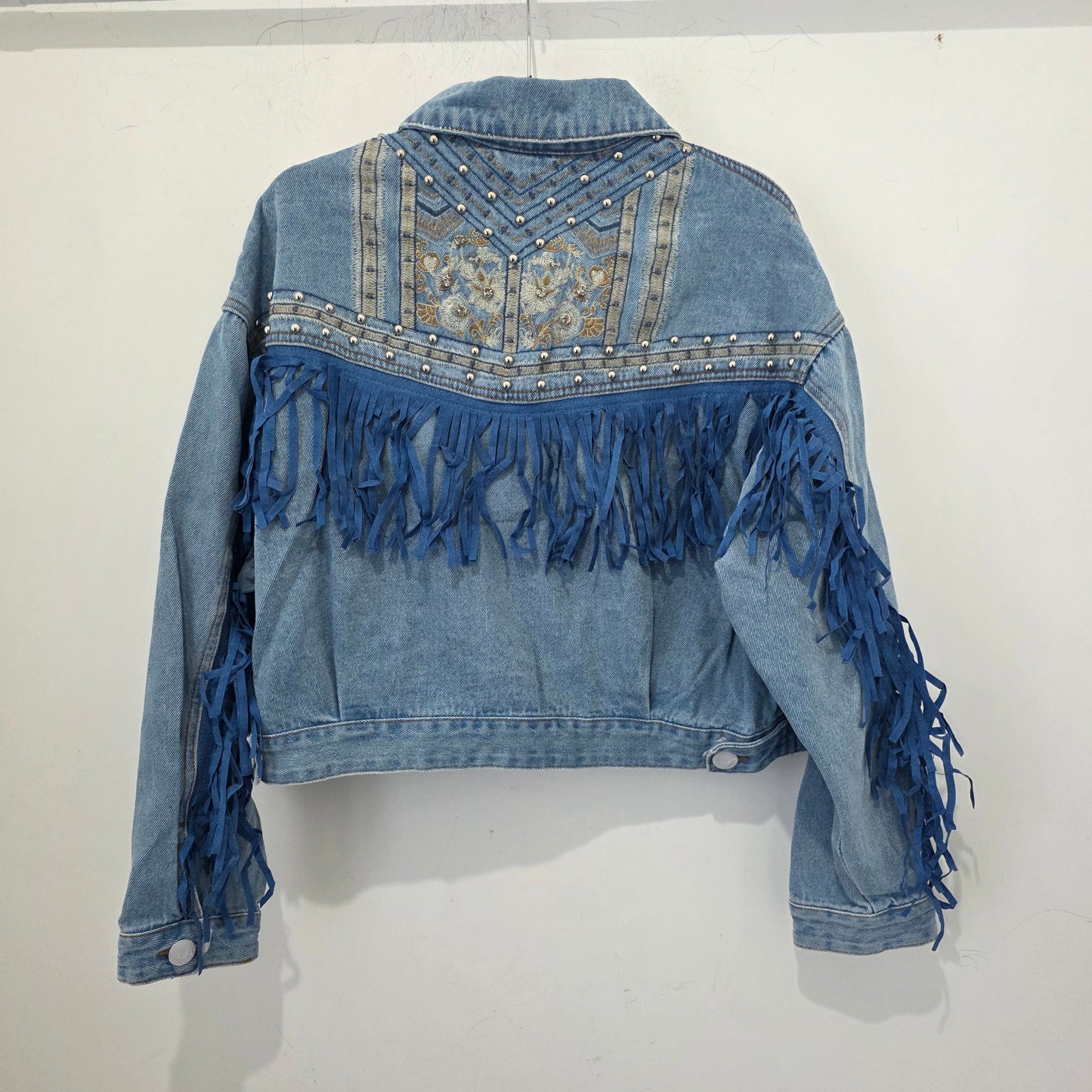 Giacca Denim Cropped con Frange e Decori Stile Casual per Donna